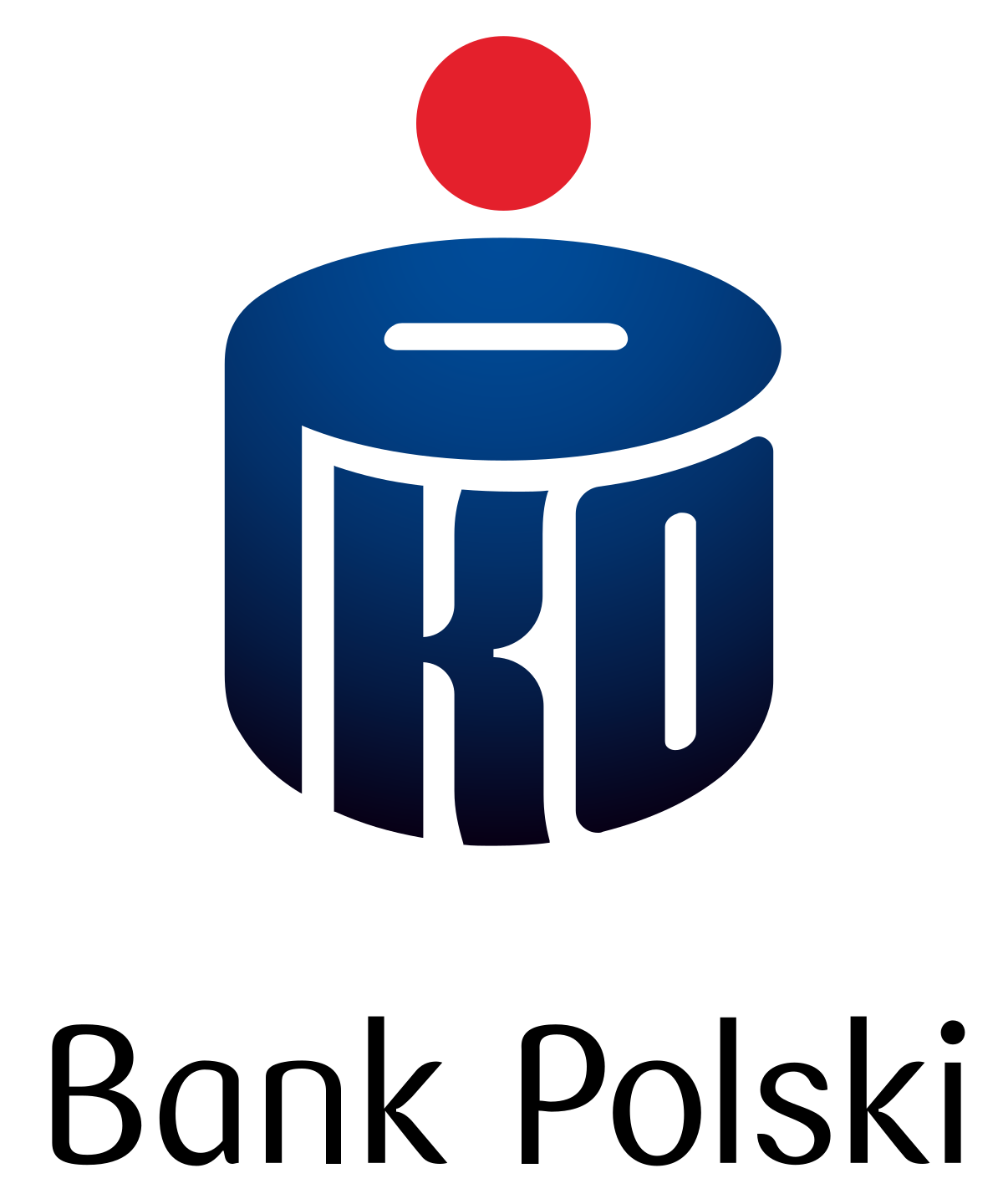 Logo PKO Banku Polskiego. Składa się z ciemnoniebieskiego sygnetu w kształcie stylizowanej skarbonki z otworem na górze i wpisanymi literami "PKO" oraz czerwonej kropki unoszącej się nad nim. Poniżej znajduje się czarny napis "Bank Polski".