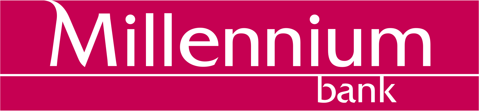 Logo Millennium Bank. Biały napis „Millennium” na szerokim, amarantowym prostokącie. Pod dolną linią prostokąta, po prawej stronie, znajduje się mniejszy napis „bank” w kolorze amarantowym.