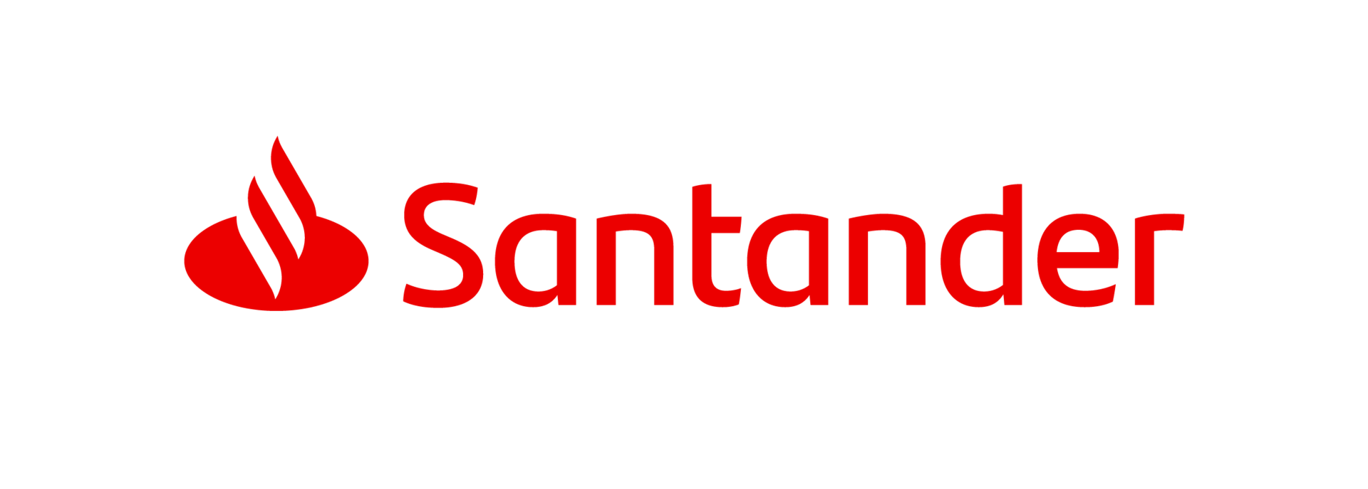 Logo banku Santander. Po lewej stronie czerwony symbol płomienia wpisany w owal, po prawej czerwony, szeryfowy napis „Santander” na białym tle.