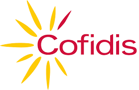 Logo Cofidis. Po lewej stronie żółty symbol stylizowanego słońca z jednym czerwonym promieniem. Po prawej stronie ciemnoczerwony napis „Cofidis” na białym tle.