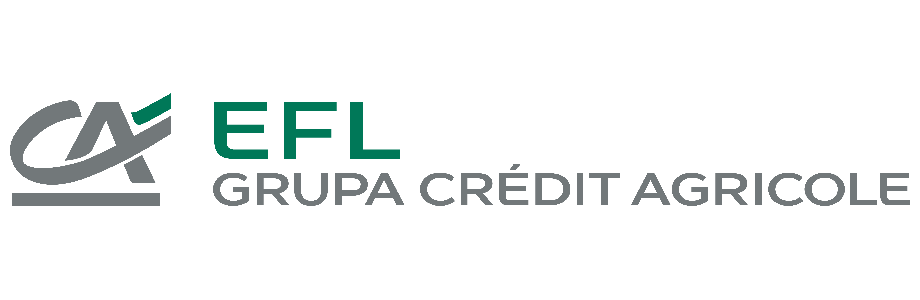 Logo EFL Grupa Crédit Agricole. Po lewej stronie szary symbol stylizowanych liter „CA” z zielonym akcentem. Po prawej stronie zielony napis „EFL”, a pod nim mniejszy, szary napis „GRUPA CRÉDIT AGRICOLE”.