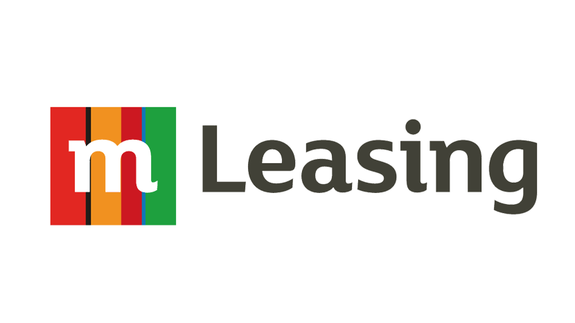 Logo mLeasing. Po lewej stronie kwadrat z pionowymi pasami w kolorach czerwonym, pomarańczowym i zielonym, na który nałożona jest biała litera „m”. Po prawej stronie znajduje się ciemnoszary napis „Leasing”.
