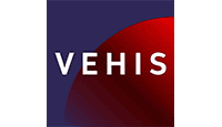 Logo firmy VEHIS. Biały, bezszeryfowy napis „VEHIS” umieszczony na tle kwadratu podzielonego na dwie części: lewą w kolorze ciemnogranatowym i prawą, na której widnieje fragment czerwonego koła z delikatnym gradientem.